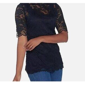 Isaac Mizrahi Live! Stretch Lace Mock Neck Top-Dark Navy-Medium-NEW-A344417